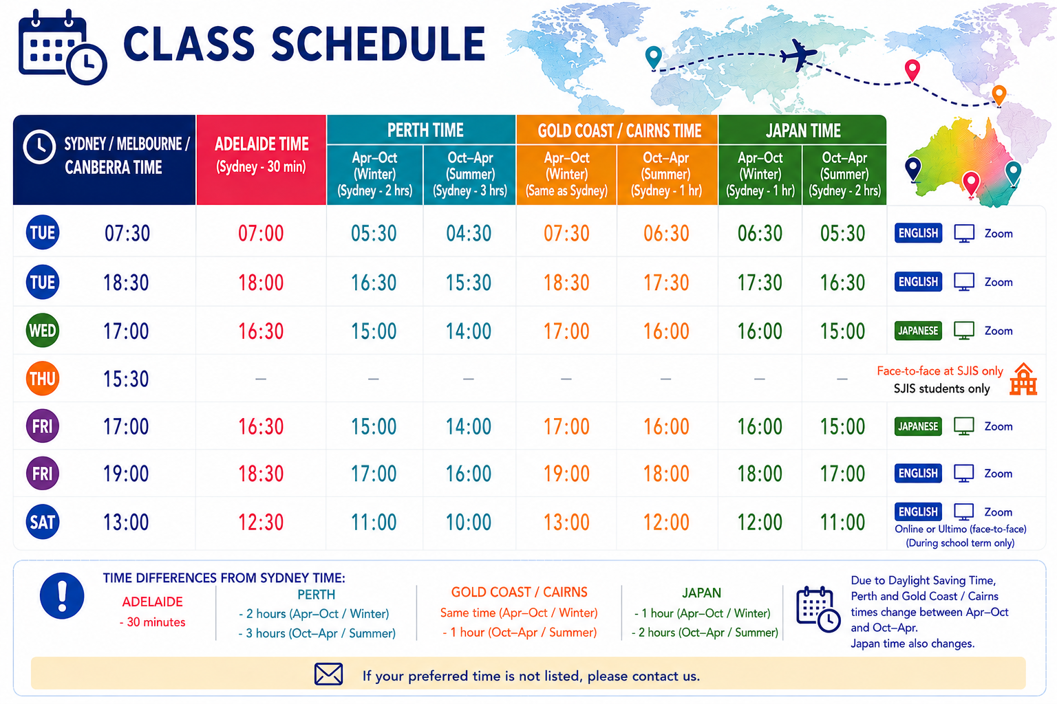 Class schedule showing Sydney, Adelaide, Perth, Gold Coast, Cairns and Japan times